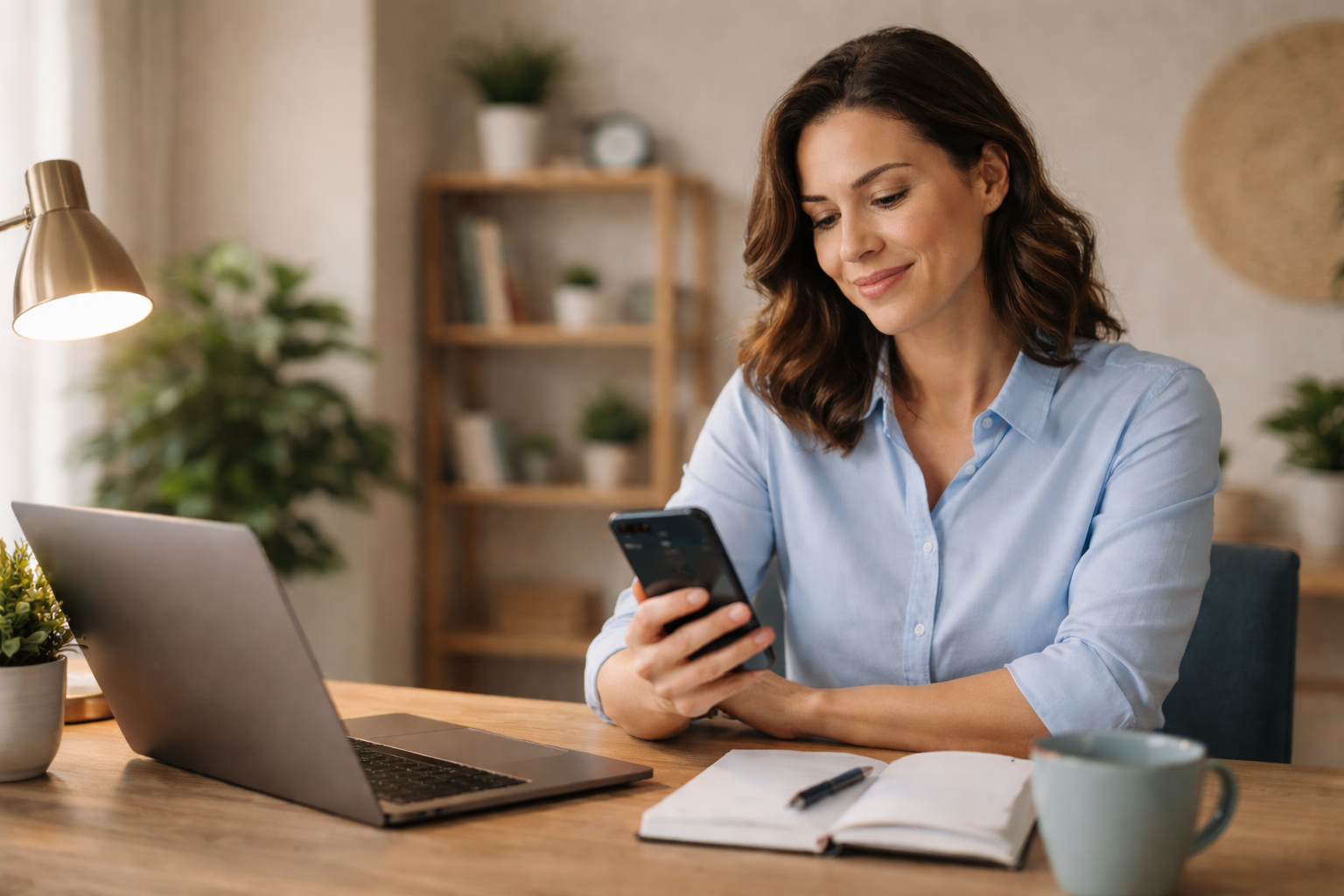 Practice owner checking phone notifications at her desk