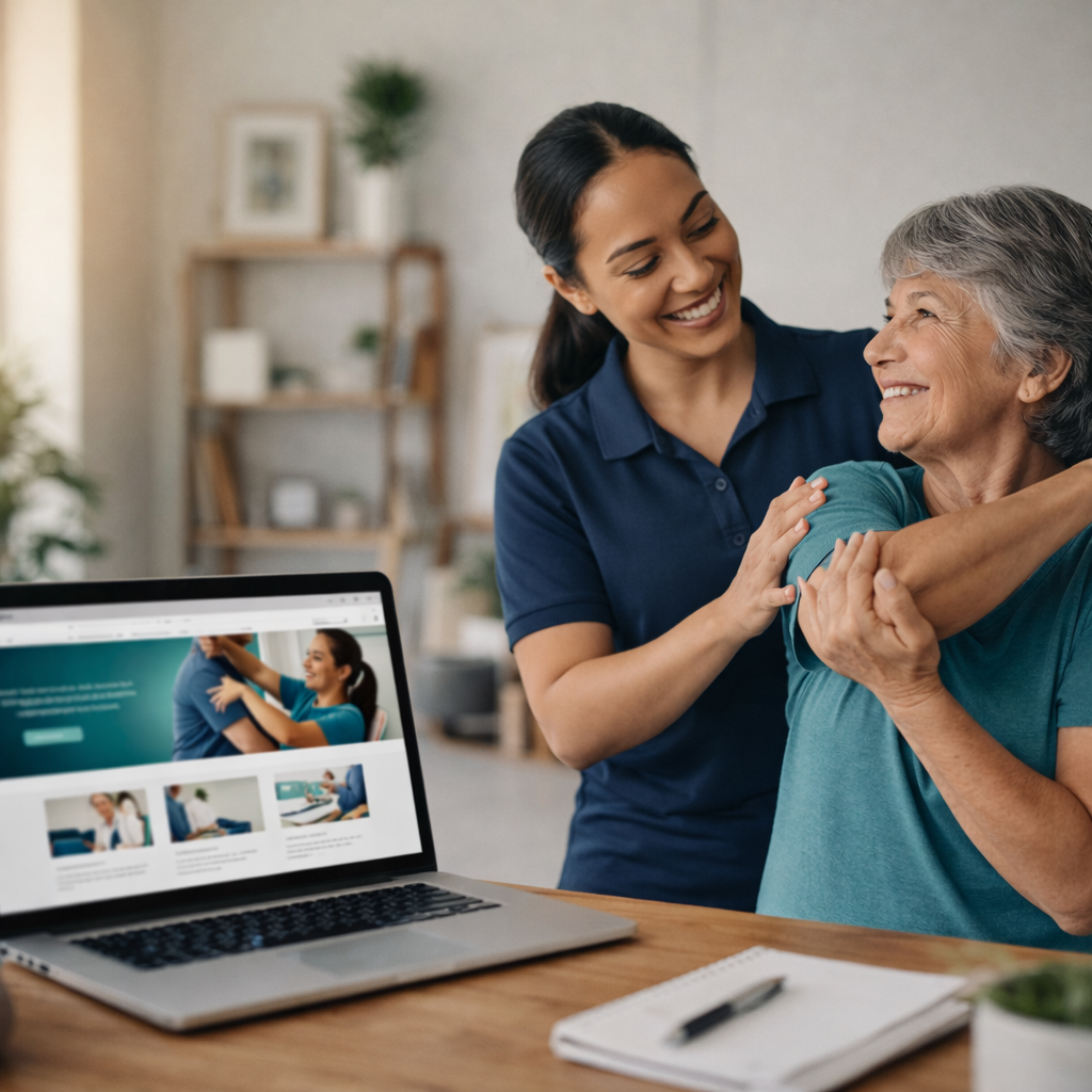 Physical therapist helping a patient with a stretching exercise in a modern clinic